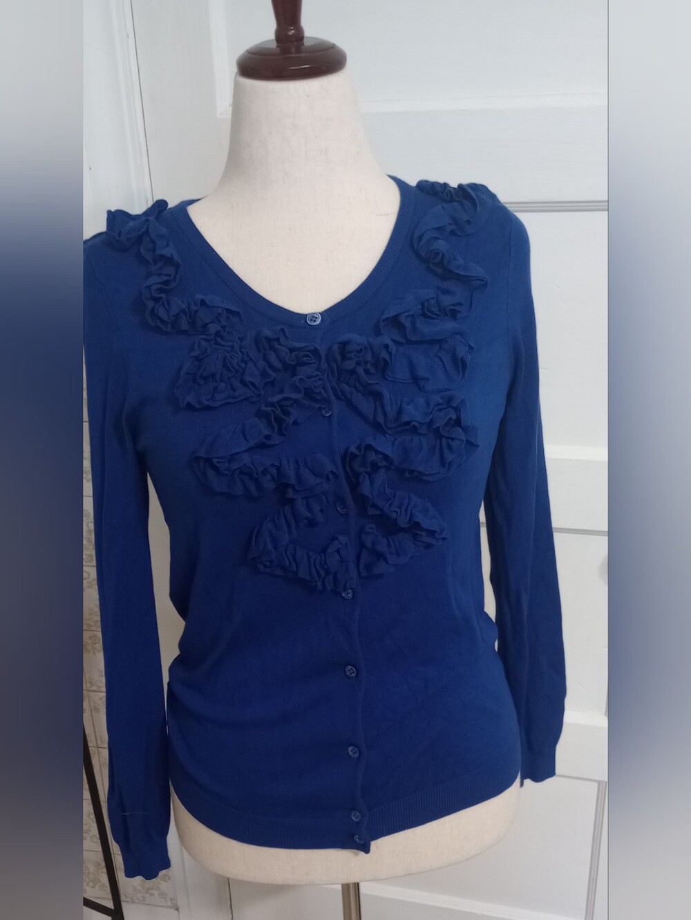 Adrienne Vittadini Royal Blue Ruffle Cardigan Sweater - Size M
